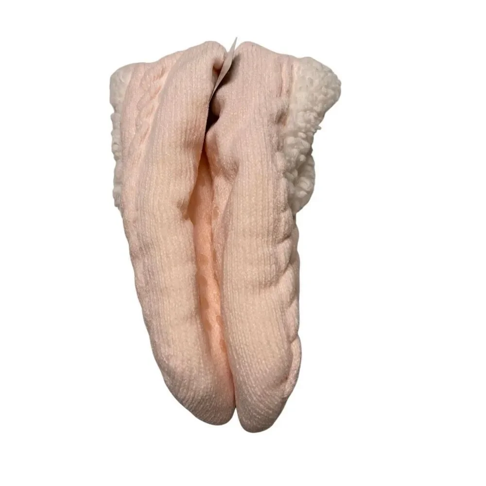 Ladies Slipper Socks Pink Sherpa Lined Cable Knit Non Slip Size 5.5-7.5 Winter